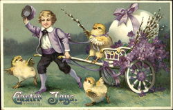 Boy pulling Easter cart, with dancing chicks With Children Postcard Postcard