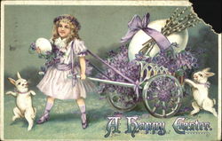 Girl pulling cart, with dancing bunnies With Children Postcard Postcard