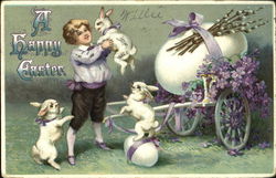 Young boy, white rabbits and a flowered cart Postcard