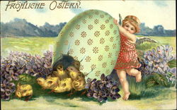 Girl tipping big egg with chicks coming out of end With Children Postcard Postcard