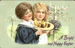 Two pretty children holding hat full of chicks Postcard