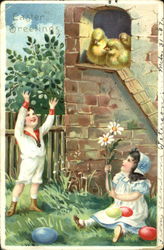 Boy and girl looking at chicks in window Postcard