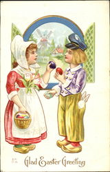 Dutch Girl and Boy Exchanging Easter Eggs With Children Postcard Postcard