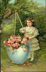 A Little Girl Holding a Decorated Easter Egg With Children Postcard Postcard