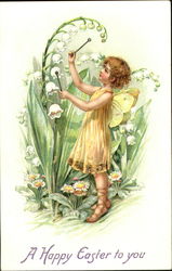 Girl with yellow fairy wings, playing on flower Postcard