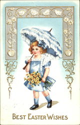 Girl in blud dress, blue umbrella with white ruffles Postcard