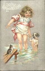 Little Girl Wading in Water, a Puppy and Kitten With Children Postcard Postcard