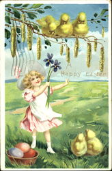 Girl in Field with Chicks Postcard