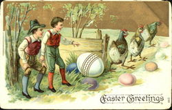 Two Boys, Easter Eggs and Three Chickens Postcard