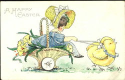 Girl in a basket cart being pulled by chicks Postcard