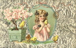 A girl with baby chicks Postcard