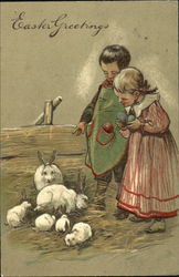 Little Boy and Girl and White Rabbits With Children Postcard Postcard