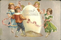 Four children dancing around a huge egg Postcard