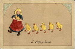 Chicks Following Girl With Children Postcard Postcard