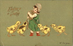 Girl with Chicks and Ribbons With Children Postcard Postcard