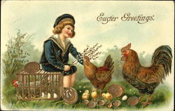 Little Boy, Rooster, Hen and Chicks Postcard