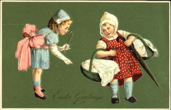 Two girls, one with egg basket and the other looking Postcard