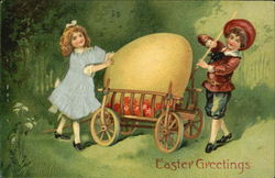 A boy and a Girl getting a large egg out of a wagon With Children Postcard Postcard