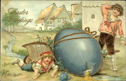 Two Children and a Broken Blue Easter Egg With Children Postcard Postcard