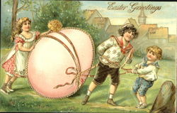 Three Children Rolling a Large Easter Egg With Children Postcard Postcard