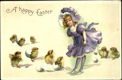 Young girl in lavender dress with hatching chicks With Children Postcard Postcard