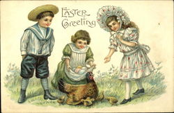 boy, girls and chickens With Chicks Postcard Postcard