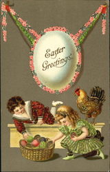 Two children with eggs and a rooster Postcard