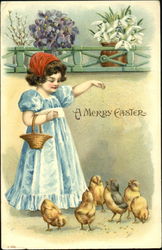 A girl feeding chicks Postcard