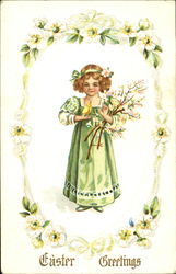 GIrl in green dress holding yellow bird and flosers With Children Postcard Postcard