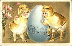 Children dressed as Chicks Standing Next to a Hatching Egg With Children Postcard Postcard