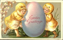 children in chick costumes with giant egg Postcard