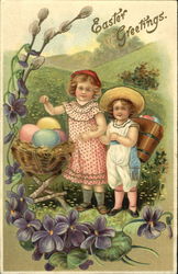 Two Children WIth Easter Baskets With Children Postcard Postcard