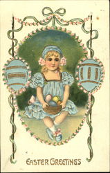 Girl in blue dress with Easter basket With Children Postcard Postcard