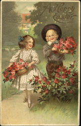 Boy and girl holding baskets of red flowers Postcard