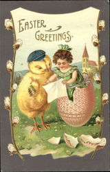 Little girl in egg reading to a chick Postcard