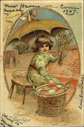 Girl with umbrella sitting by basket of colored eggs With Children Postcard Postcard