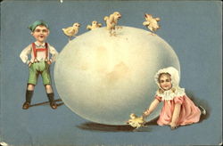 Boy and girl with chicks and a huge egg Eggs Postcard Postcard