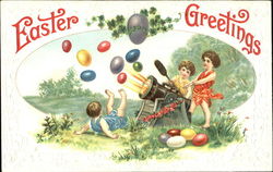 Three Children Shooting Easter Eggs Out of a Cannon With Children Postcard Postcard