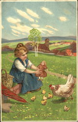 Girl with Doll and Chickens With Children Postcard Postcard