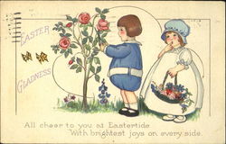 Girl in white, boy in blue, rose bush With Children Postcard Postcard