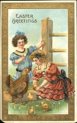 Girls Holding Eggs and Chicks in Farm Postcard