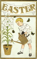 Boy, surrounded by butterflies, watering a plant Flowers Postcard Postcard