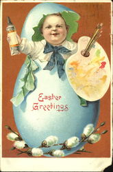 Child painter "hatching" out of blue egg With Children Postcard Postcard