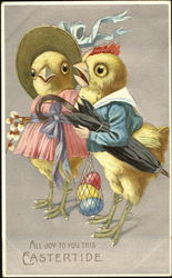 Two Chickens Wearing Clothes With Chicks Postcard Postcard