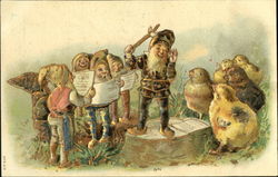 Choir of elves singing to group of chicks With Chicks Postcard Postcard