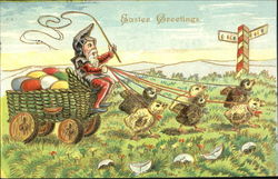 Elf on cart of Easter eggs with chicks as horses Postcard Postcard