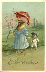 Mother chick and son holding hands Postcard