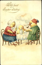 Chicken family in clothing seated around table with teapot Postcard