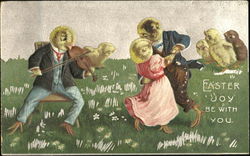 Chicks in clothes, 1 playing violin, 2 dancing + 4 little chicks Postcard