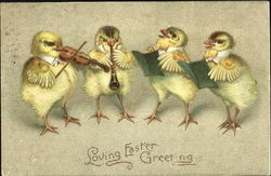 Chick with violin, chick with clarinet, 2 chicks singing With Chicks Postcard Postcard